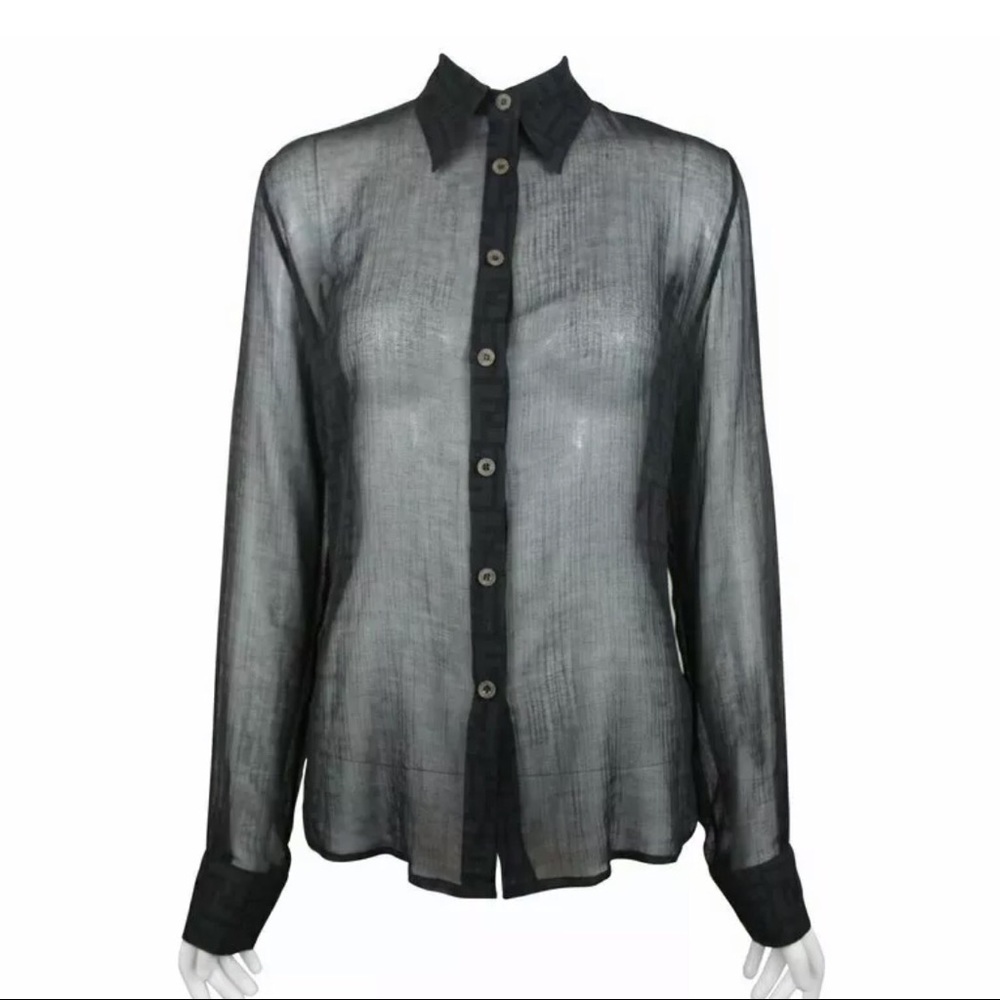 FENDI Monogrammed Sheer Black Button Up, Size 6 US